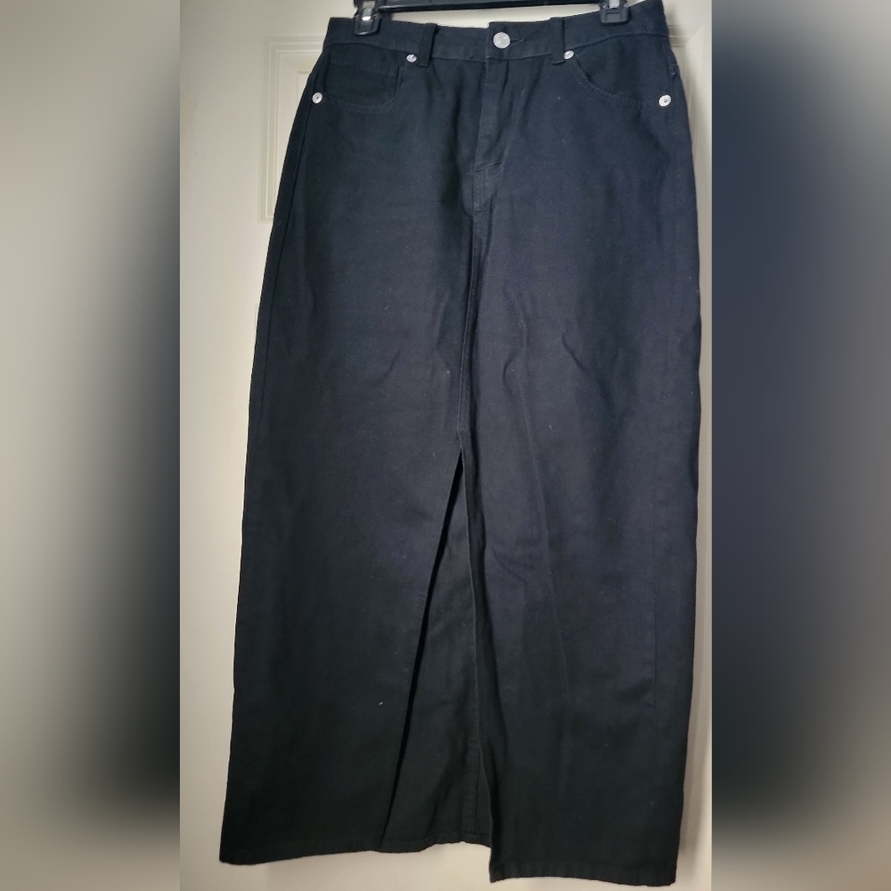 Black Denim Maxi Skirt With Front Slit